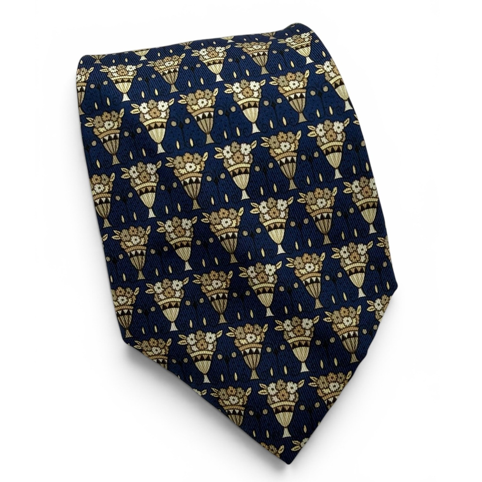 Hermes Paris Mens Silk Tie Navy Blue Floral Basket Pattern Made In France Luxury